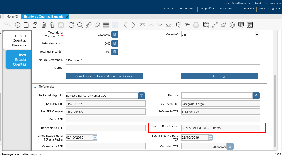 Campo Cuenta Beneficiario TEF