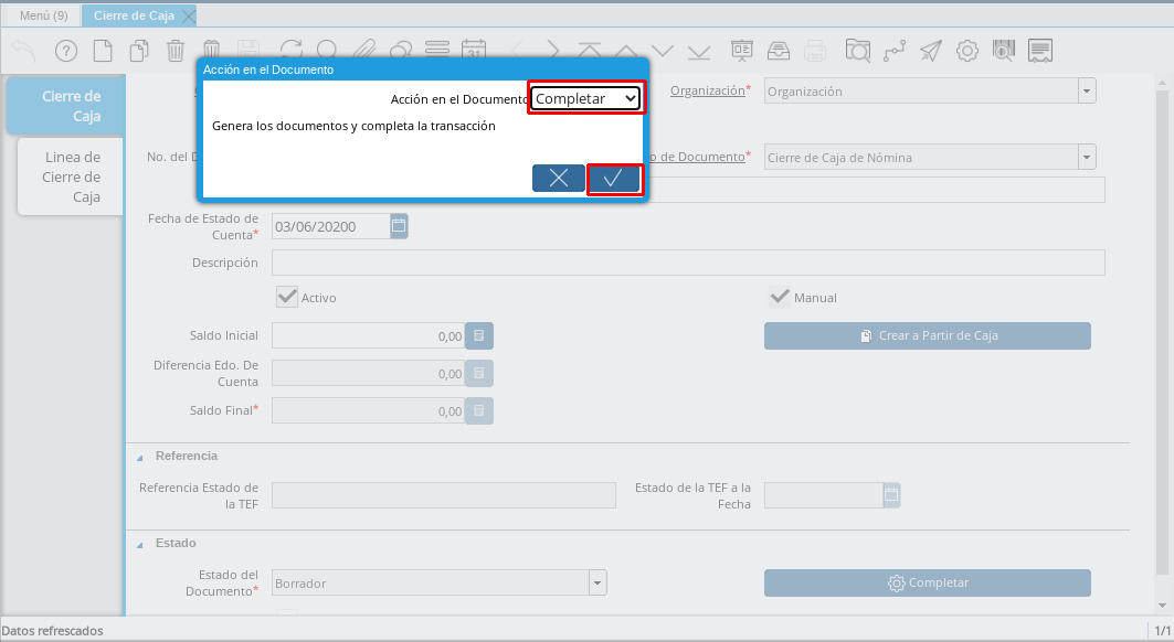 Completar el Cierre de Caja