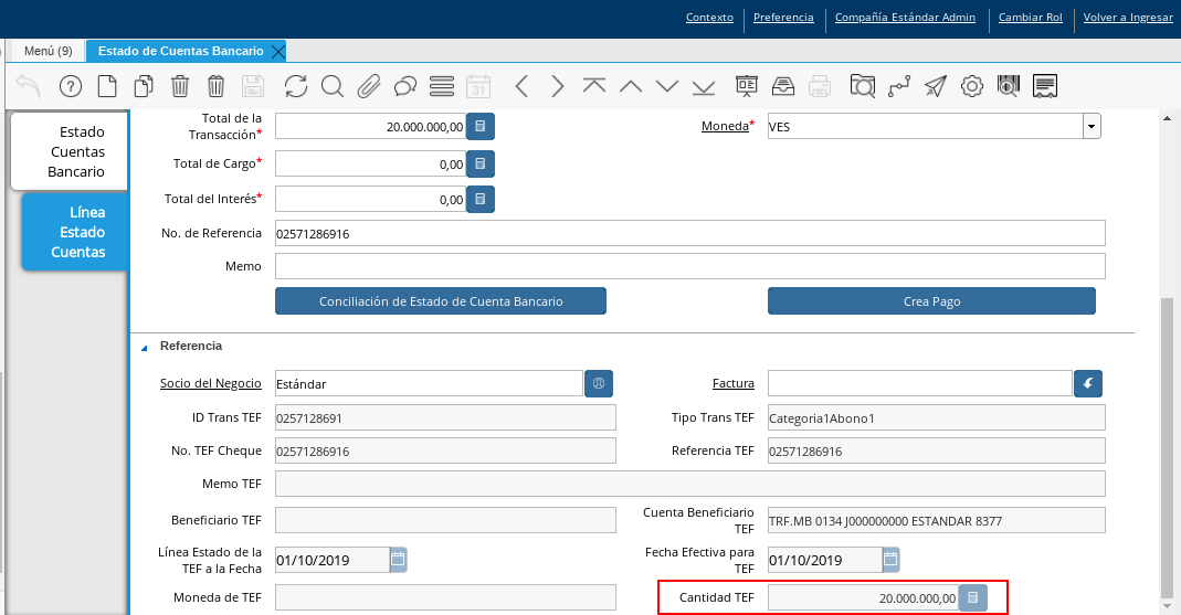 Campo Cantidad TEF Otro tipo de Pagos