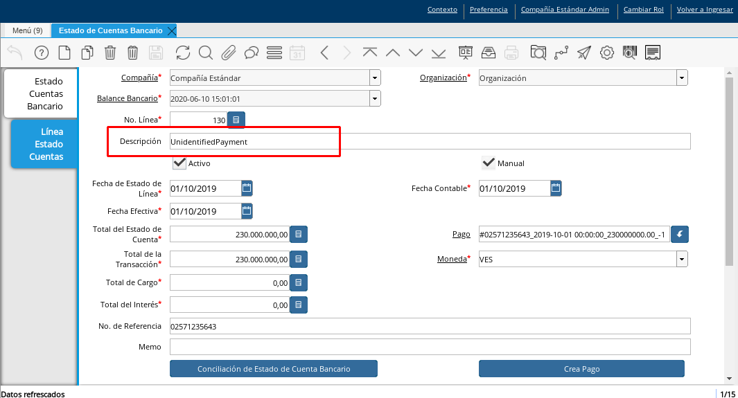 Descripción Pago Cobro sin Identificar