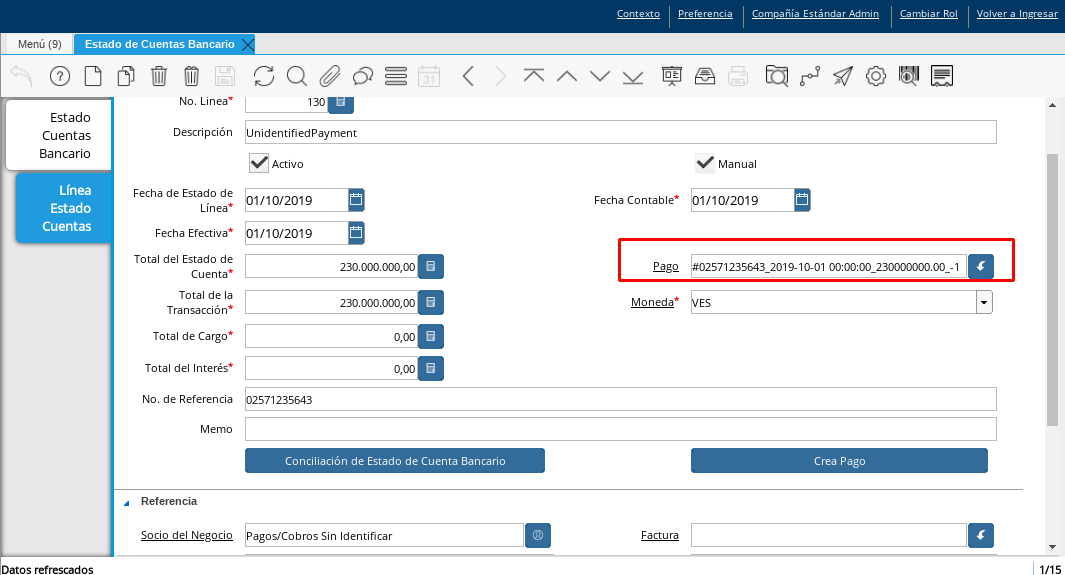 Campo Pago Cobro sin Identificar