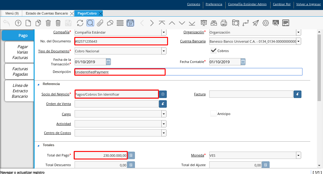 Pago/Cobro Sin identificar