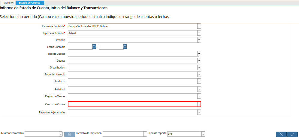 Campo Centro de Costos de la Ventana Estado de Cuenta