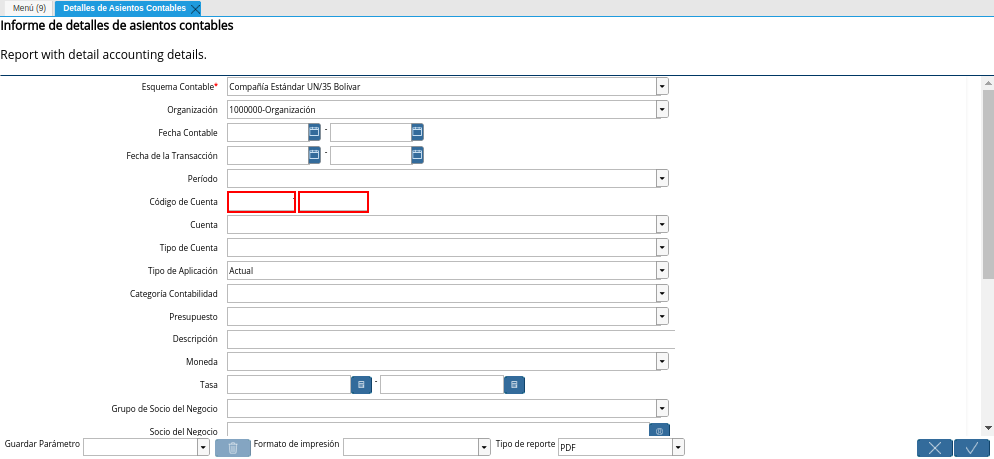 Campo Código de Cuenta de la Ventana Detalles de Asientos Contables