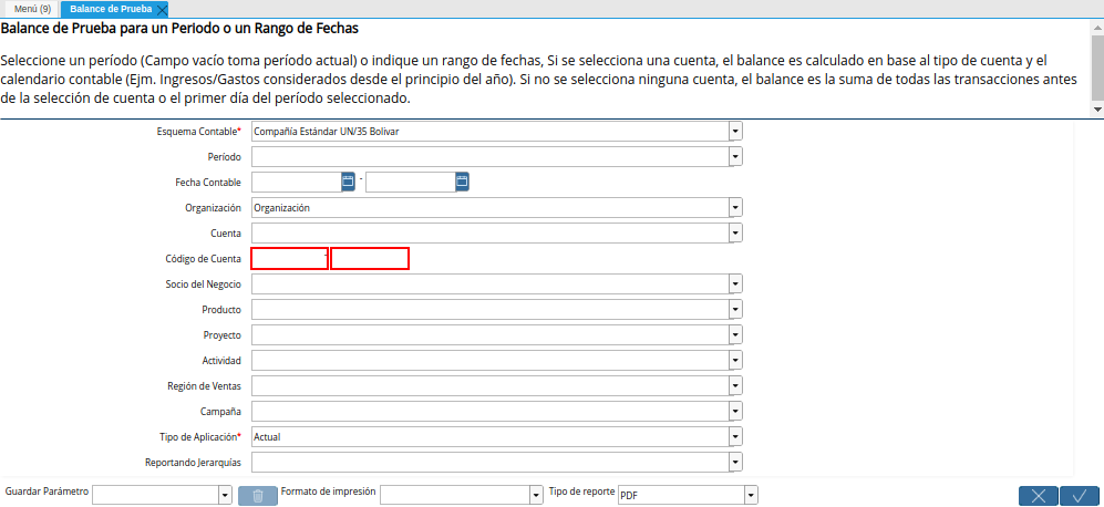 Campo Código de Cuenta de la Ventana Balance de Prueba
