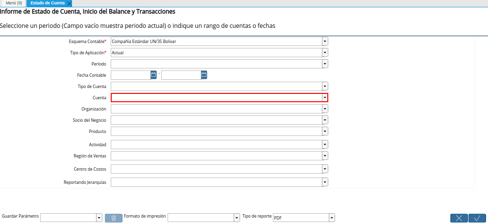 Campo Cuenta de la Ventana Estado de Cuenta