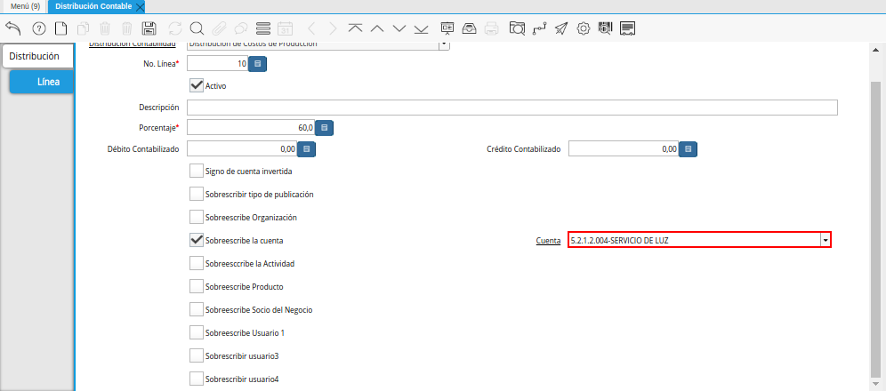 Campo Cuenta del Checklist Sobreescribe la Cuenta de la Pestaña Línea de la Ventana Distribución Contable