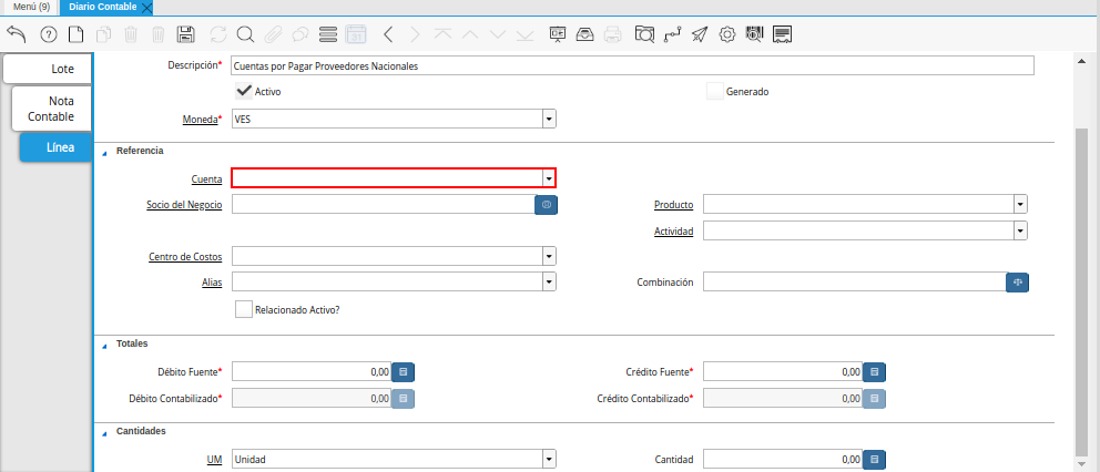 Campo Cuenta de la Pestaña Línea de la Ventana Diario Contable