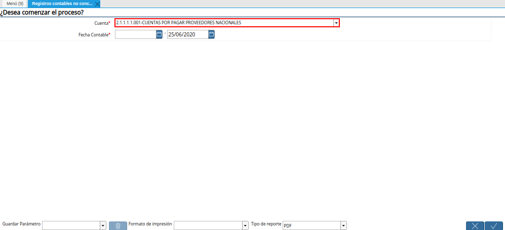 Campo Cuenta de la Ventana Registros Contables No Conciliados