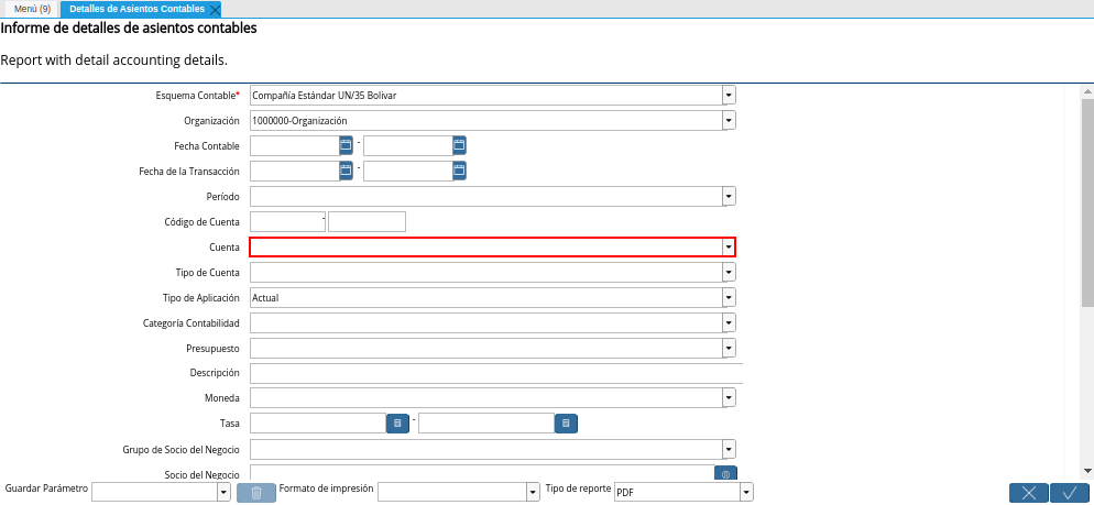 Campo Cuenta de la Ventana Detalles de Asientos Contables