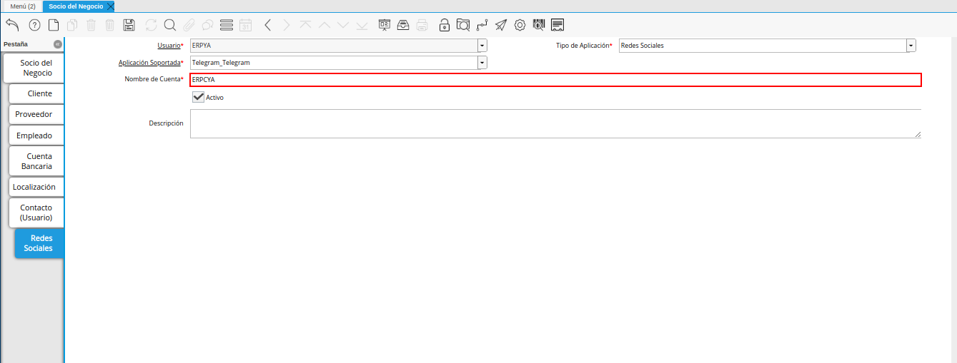 campo nombre de cuenta de la pestaña redes sociales de la ventana socio del negocio