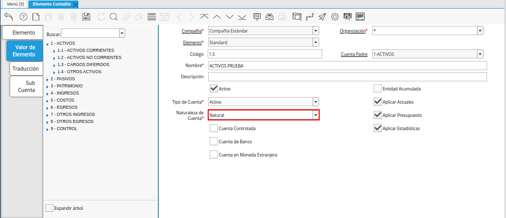 Campo Naturaleza de Cuenta de la Pestaña Valor de Elemento de la Ventana Elemento Contable