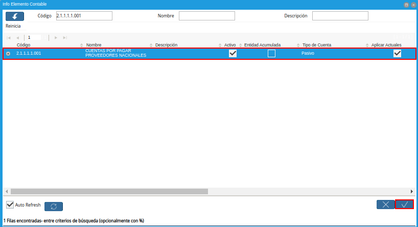 Selección de Cuenta y Opción Ok
