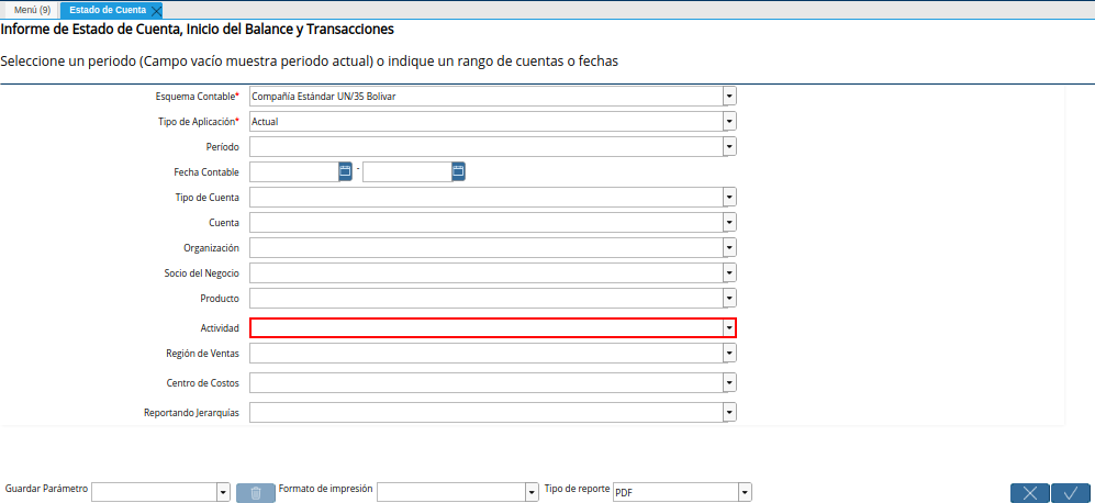Campo Actividad de la Ventana Estado de Cuenta
