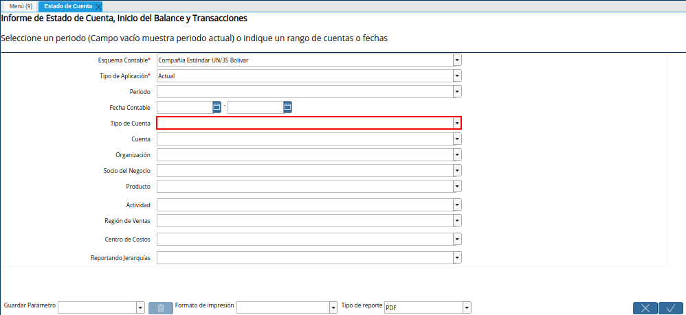 Campo Tipo de Cuenta de la Ventana Estado de Cuenta