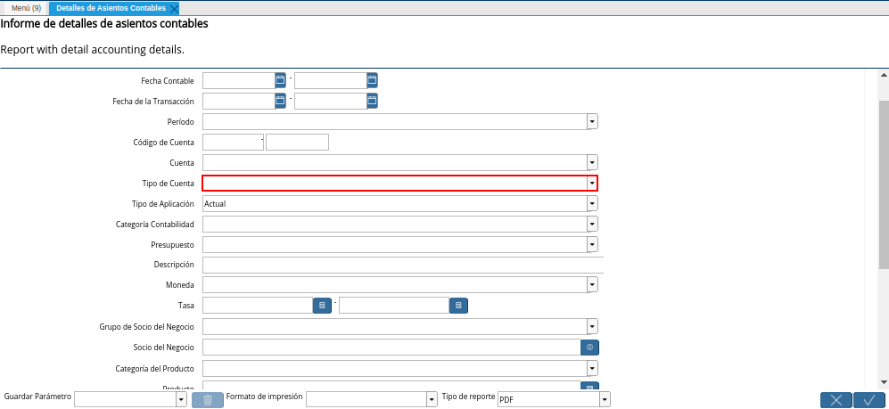 Campo Tipo de Cuenta de la Ventana Detalles de Asientos Contables