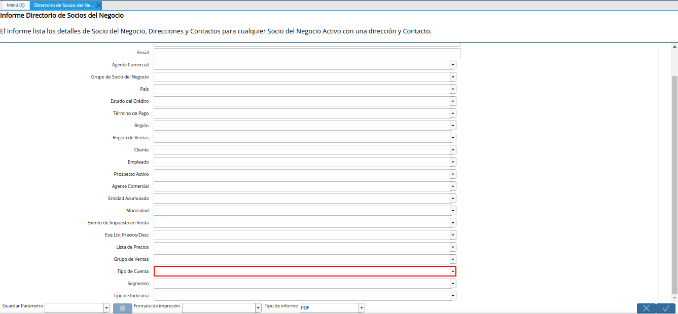 campo tipo de cuenta del reporte directorio de socios del negocio