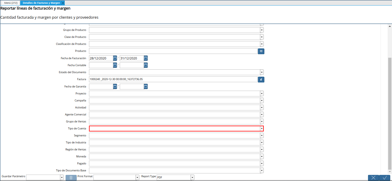 campo tipo de cuenta del reporte detalles de facturas y margen