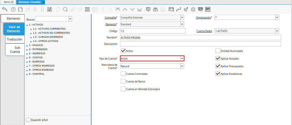 Campo Tipo de Cuenta de la Pestaña Valor de Elemento de la Ventana Elemento Contable