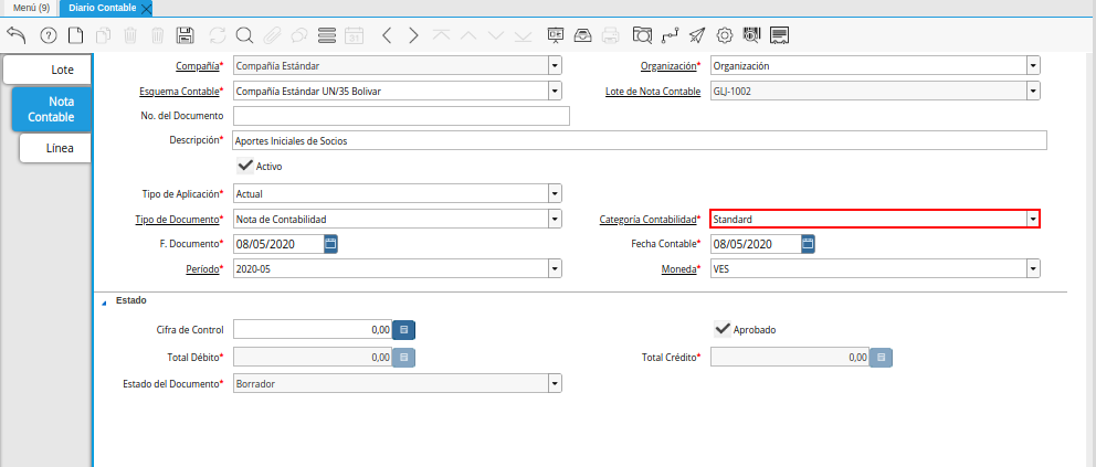 Campo Categoría Contabilidad de la Pestaña Nota Contable de la Ventana Diario Contable