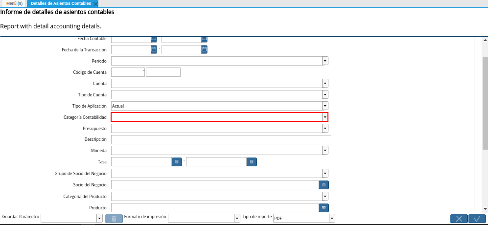 Campo Categoría Contabilidad de la Ventana Detalles de Asientos Contables