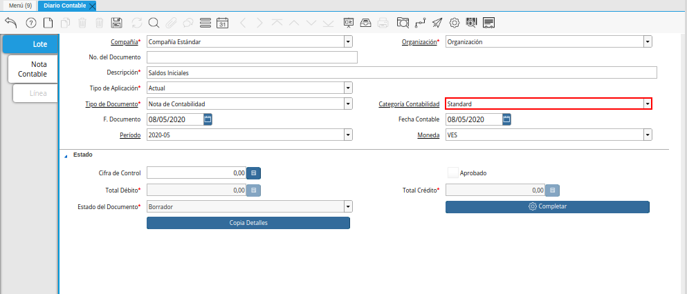 Campo Categoría Contabilidad de la Pestaña Lote Contable de la Ventana Diario Contable