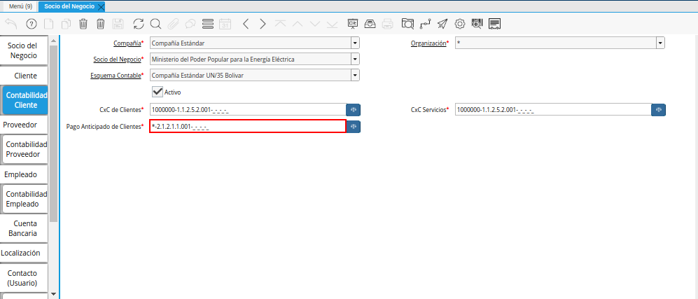 Combinación Contable del Campo Pago Anticipado de Clientes