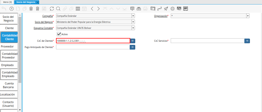 Combinación Contable del Campo CxC de Clientes