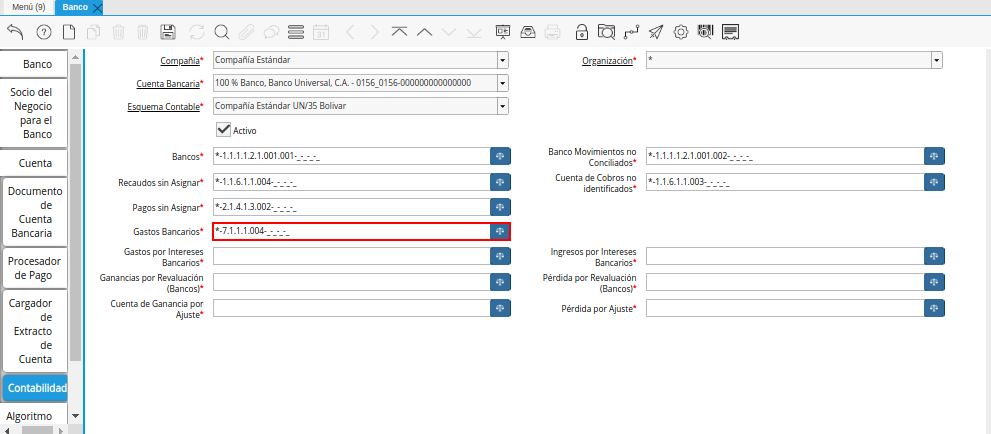 Combinación Contable del Campo Gastos Bancarios de la Pestaña Contabilidad de la Ventana Banco