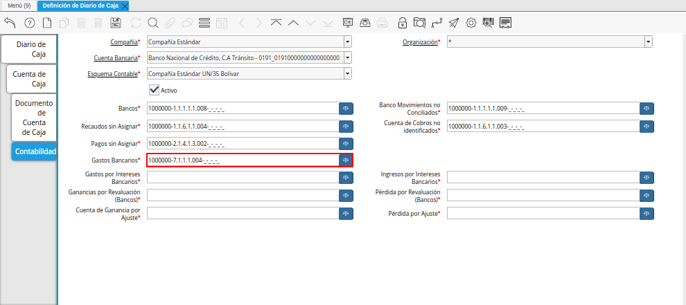 Combinación Contable del Campo Gastos Bancarios de la Pestaña Contabilidad de la Ventana Definición de Diario de Caja
