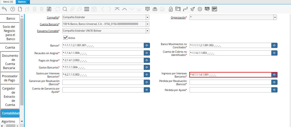 Combinación Contable del Campo Ingresos por Intereses Bancarios de la Pestaña Contabilidad de la Ventana Banco