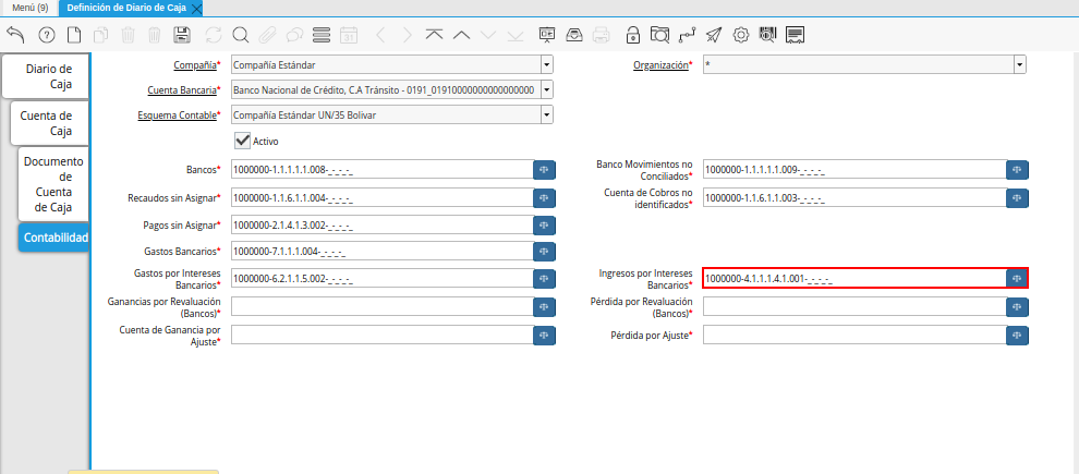 Combinación Contable del Campo Ingresos por Intereses Bancarios de la Pestaña Contabilidad de la Ventana Definición de Diario de Caja