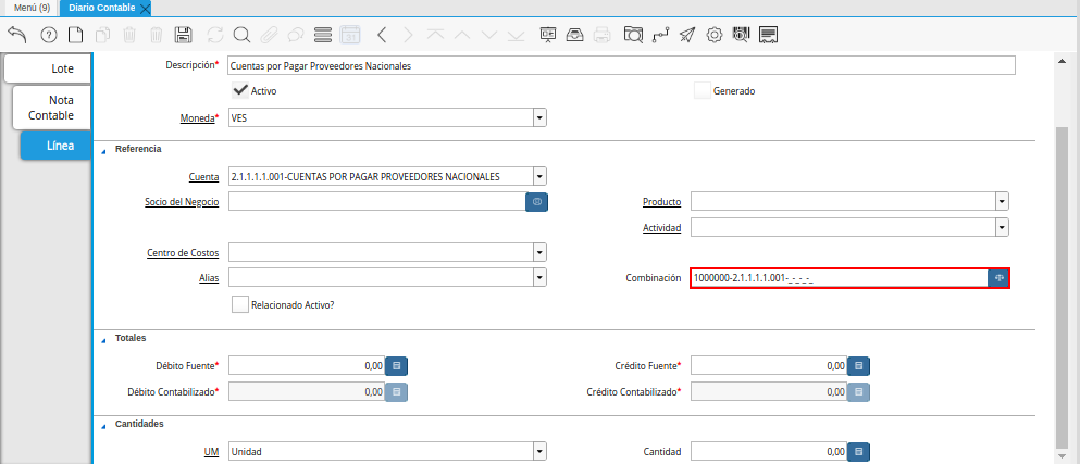 Combinación Contable del Campo Combinación de la Pestaña Línea de la Ventana Diario Contable
