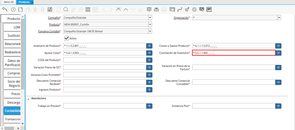 Combinación Contable del Campo Conciliación de Inventario