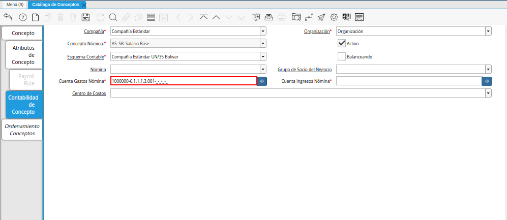Combinación Contable del Campo Cuenta Gastos Nómina de la Pestaña Contabilidad de Concepto