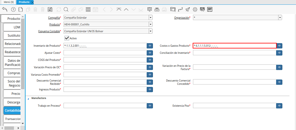 Combinación Contable del Campo Costos o Gastos Producto