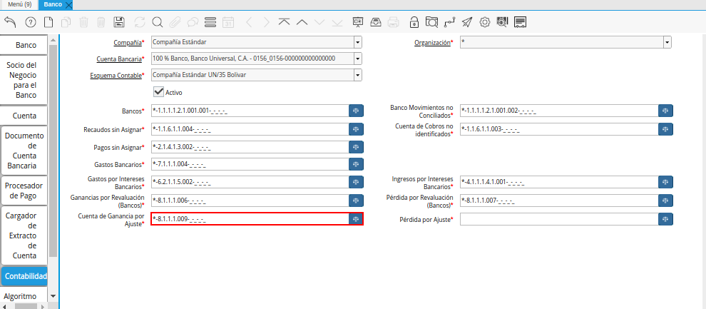 Combinación Contable del Campo Cuenta de Ganancia por Ajuste de la Pestaña Contabilidad de la Ventana Banco