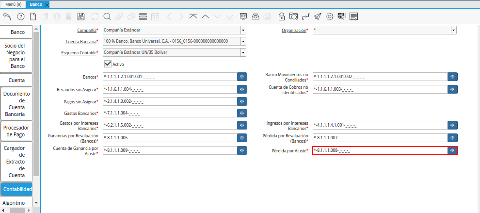 Combinación Contable del Campo Pérdida por Ajuste de la Pestaña Contabilidad de la Ventana Banco