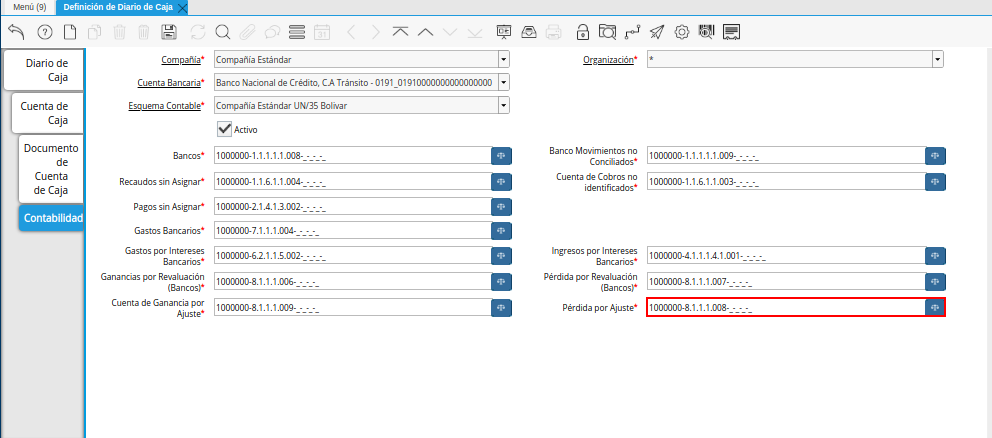 Combinación Contable del Campo Pérdida por Ajuste de la Pestaña Contabilidad de la Ventana Definición de Diario de Caja
