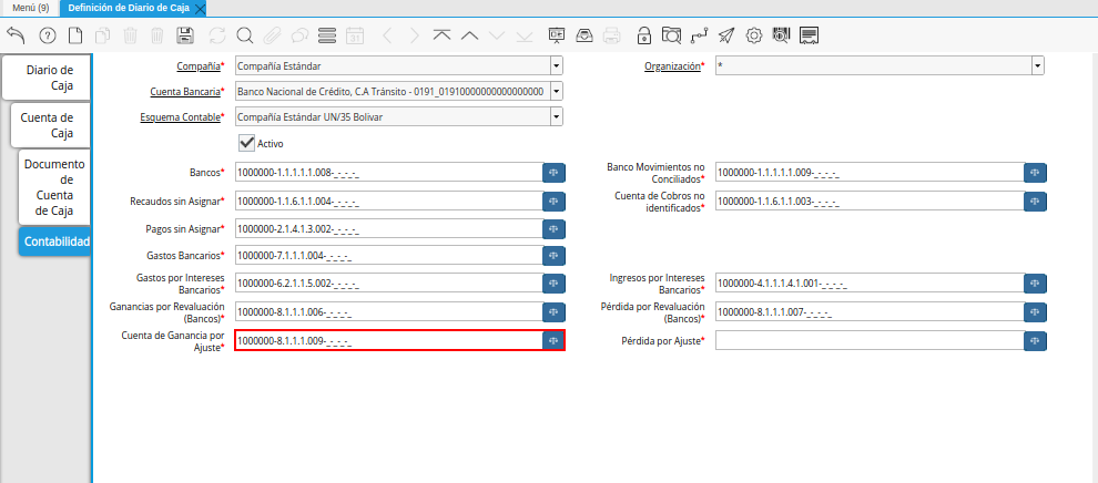 Combinación Contable del Campo Cuenta de Ganancia por Ajuste de la Pestaña Contabilidad de la Ventana Definición de Diario de Caja