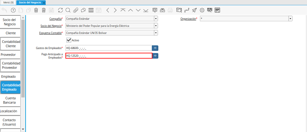 Combinación Contable del Campo Pago Anticipado a Empleados
