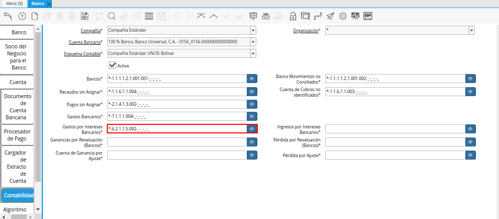 Combinación Contable del Campo Gastos por Intereses Bancarios de la Pestaña Contabilidad de la Ventana Banco