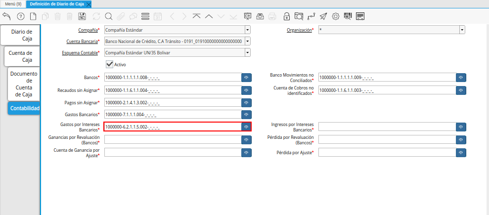 Combinación Contable del Campo Gastos por Intereses Bancarios de la Pestaña Contabilidad de la Ventana Definición de Diario de Caja