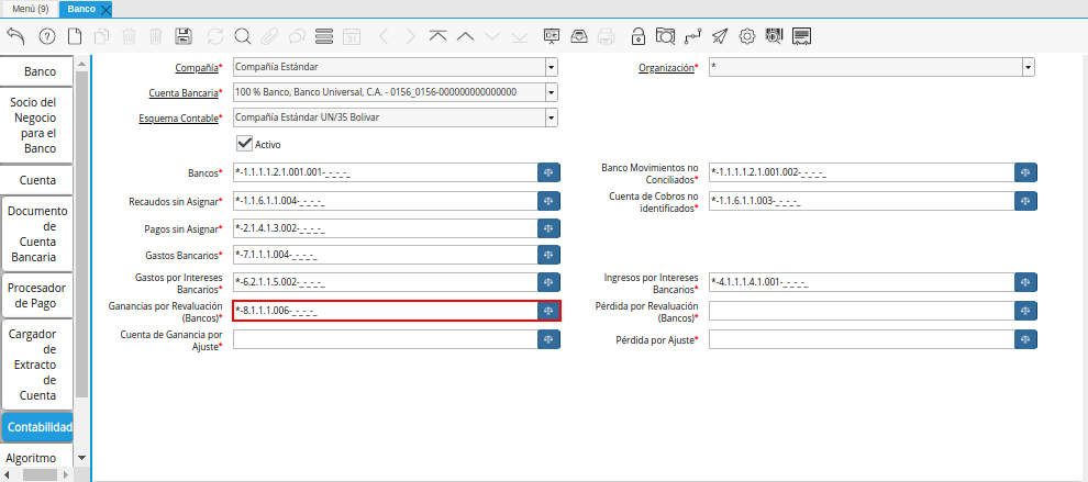 Combinación Contable del Campo Ganancias por Revaluación (Bancos) de la Pestaña Contabilidad de la Ventana Banco