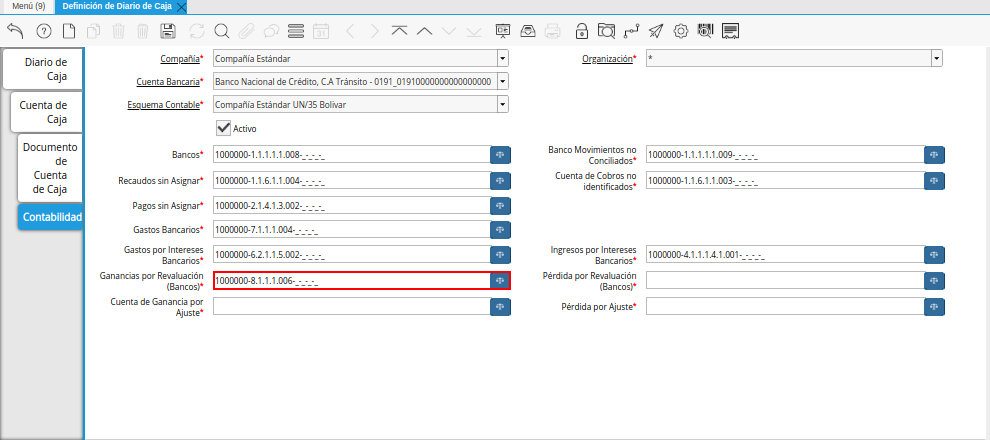 Combinación Contable del Campo Ganancias por Revaluación (Bancos) de la Pestaña Contabilidad de la Ventana Definición de Diario de Caja