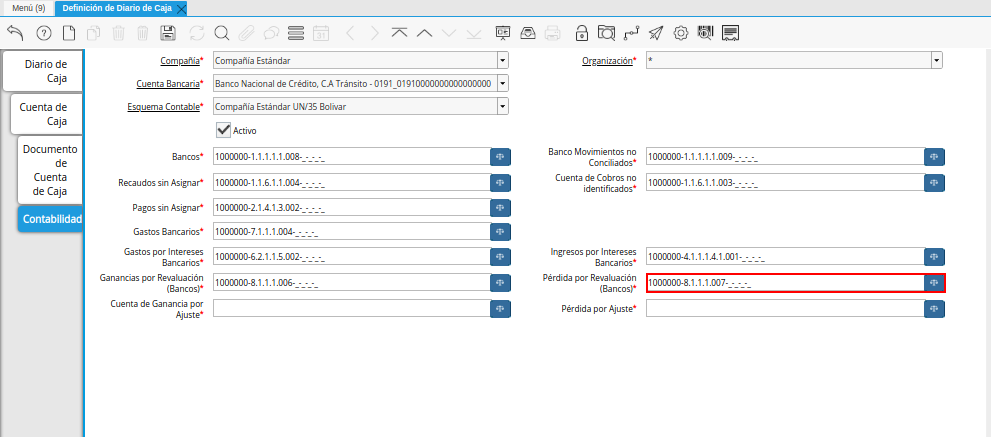 Combinación Contable del Campo Pérdida por Revaluación (Bancos) de la Pestaña Contabilidad de la Ventana Definición de Diario de Caja