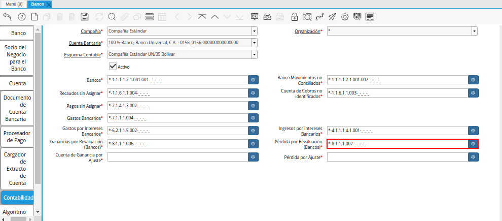 Combinación Contable del Campo Pérdida por Revaluación (Bancos) de la Pestaña Contabilidad de la Ventana Banco