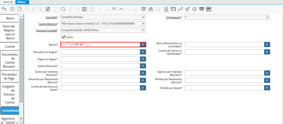 Combinación Contable del Campo Bancos de la Pestaña Contabilidad de la Ventana Banco