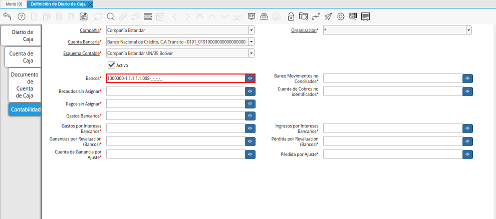 Combinación Contable del Campo Bancos de la Pestaña Contabilidad de la Ventana Definición de Diario de Caja