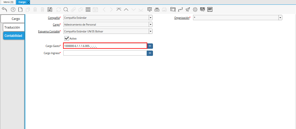 Combinación Contable del Campo Cargo Gasto